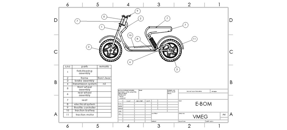 E-BOM technical drawing of the two-wheeler